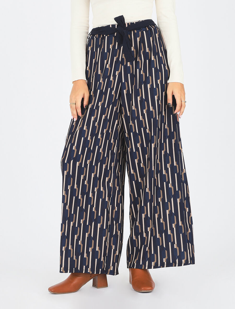 Pantalon ample taille haute motif graphique - Marine - 4