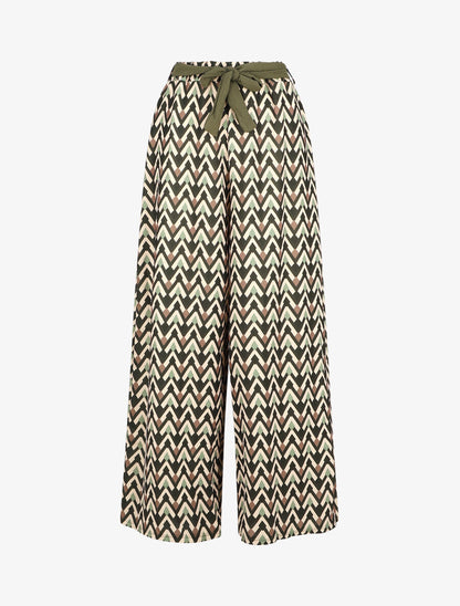 Pantalon ample taille haute motif zigzag fantaisie - Vert - 1