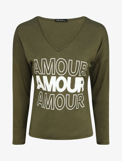 Pull droit inscription AMOUR - Kaki - 1