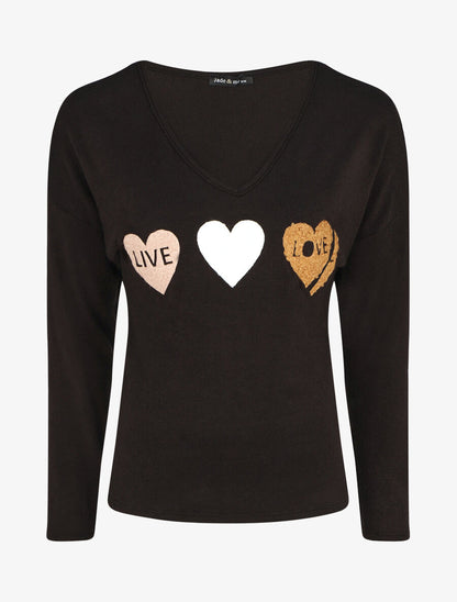Pull droit motif coeur LIVE LOVE - Noir - 1