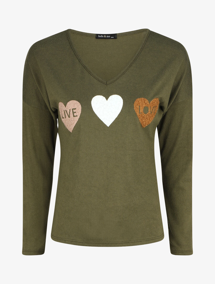 Pull droit motif coeur LIVE LOVE - Kaki - 1