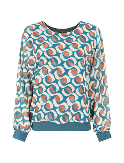 Blouse en voile imprimé graphique - Bleu canard - 1