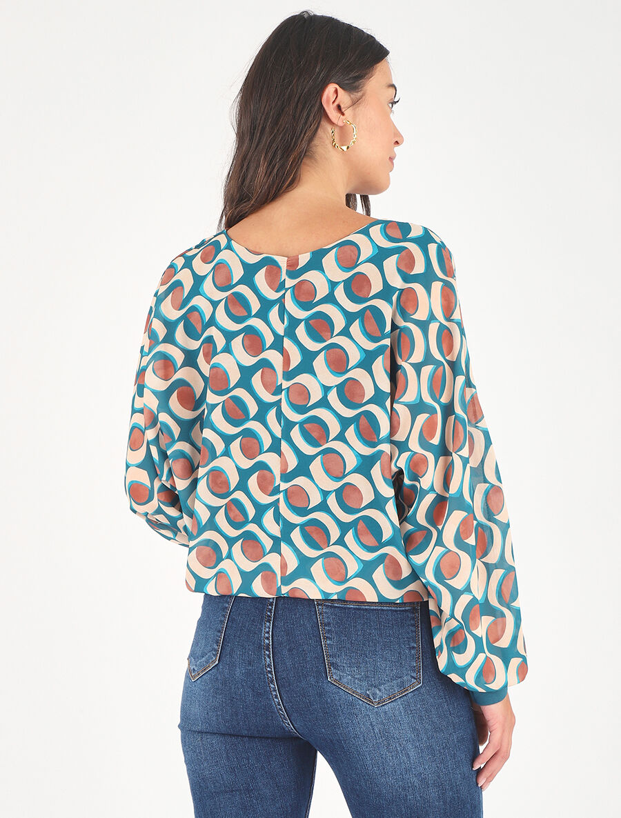 Blouse en voile imprimé graphique - Bleu canard - 5