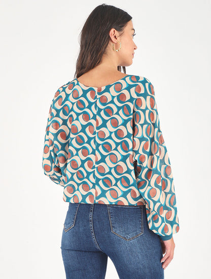 Blouse en voile imprimé graphique - Bleu canard - 5