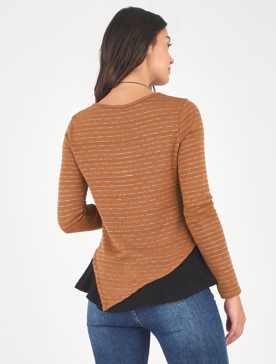 Pull droit rayé bords à volants - Camel - 5