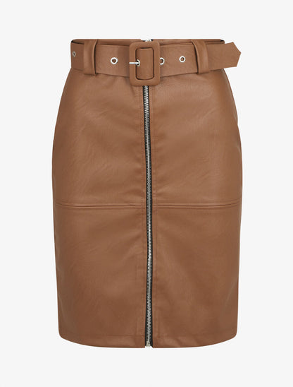 Jupe ajustée taille haute en simili - Marron - 5