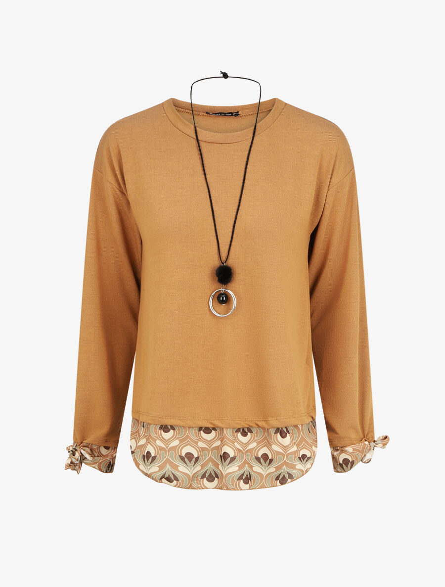 Pull fin bi-matière à imprimé fantaisie - Camel - 4