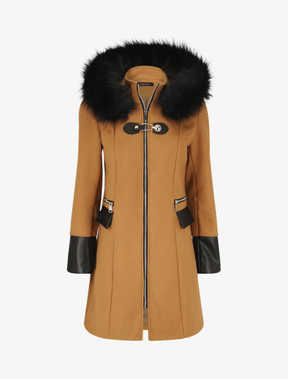 Manteau bi-matière à capuche en fausse fourrure - Camel - 7