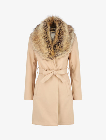 Manteau long col en fourrure - Beige - 1