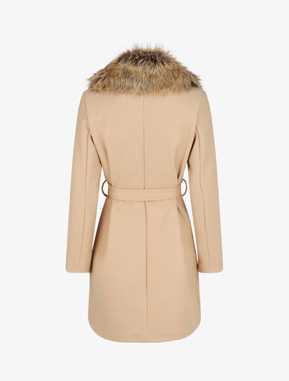 Manteau long col en fourrure - Beige - 2