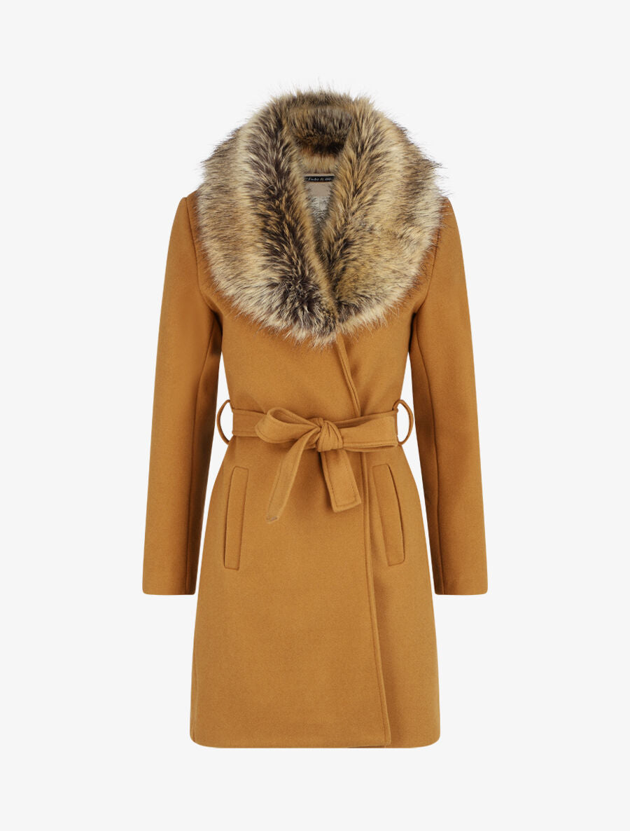 Manteau long col en fourrure - Camel - 4