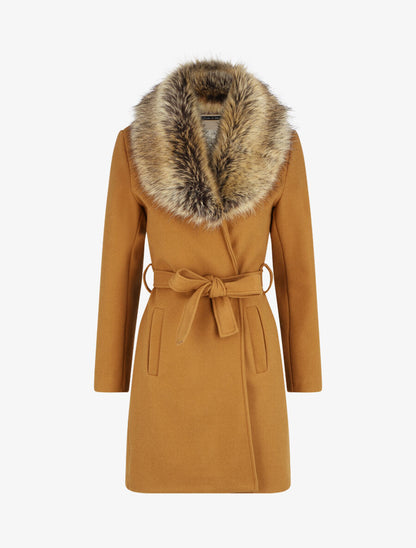 Manteau long col en fourrure - Camel - 4