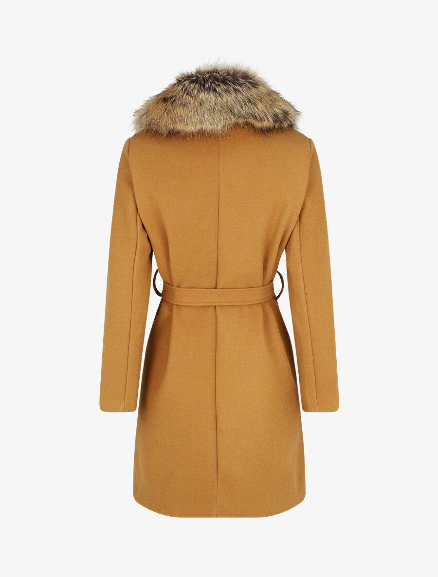 Manteau long col en fourrure - Camel - 2