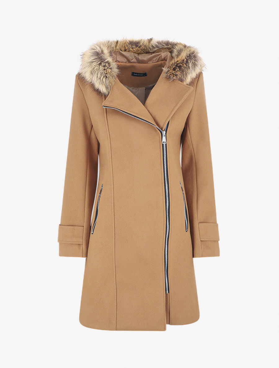 Manteau zippé à capuche fausse fourrure - Camel - 7