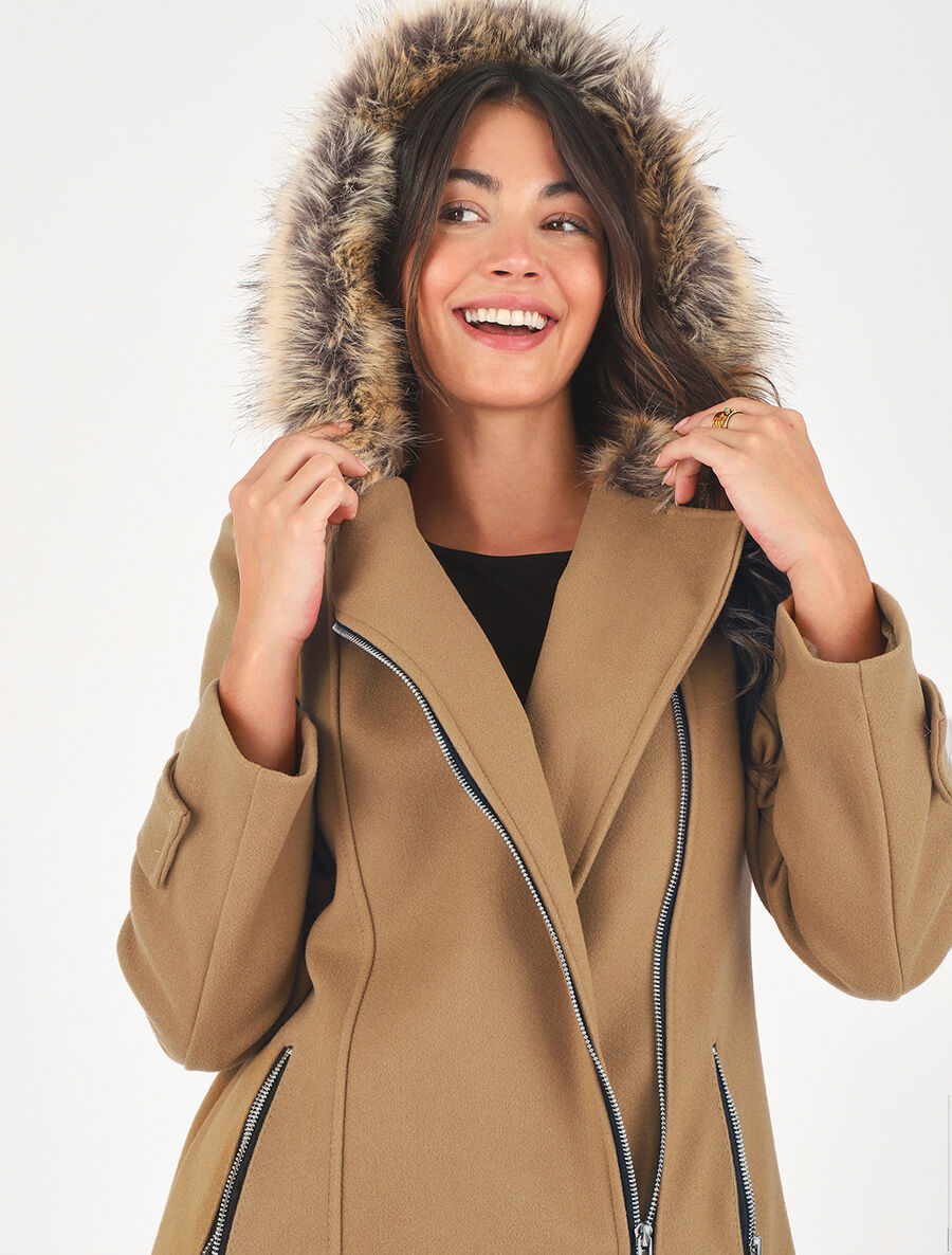 Manteau zippé à capuche fausse fourrure - Camel - 6