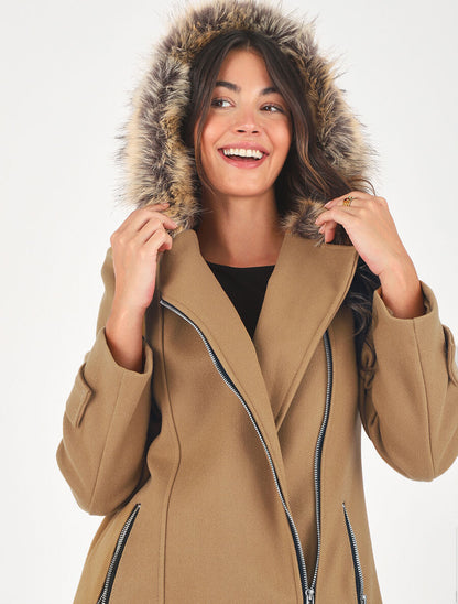 Manteau zippé à capuche fausse fourrure - Camel - 6