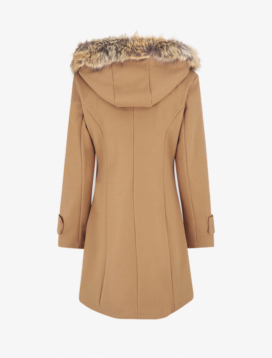 Manteau zippé à capuche fausse fourrure - Camel - 2