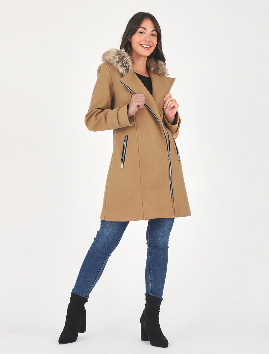 Manteau zippé à capuche fausse fourrure - Camel - 4