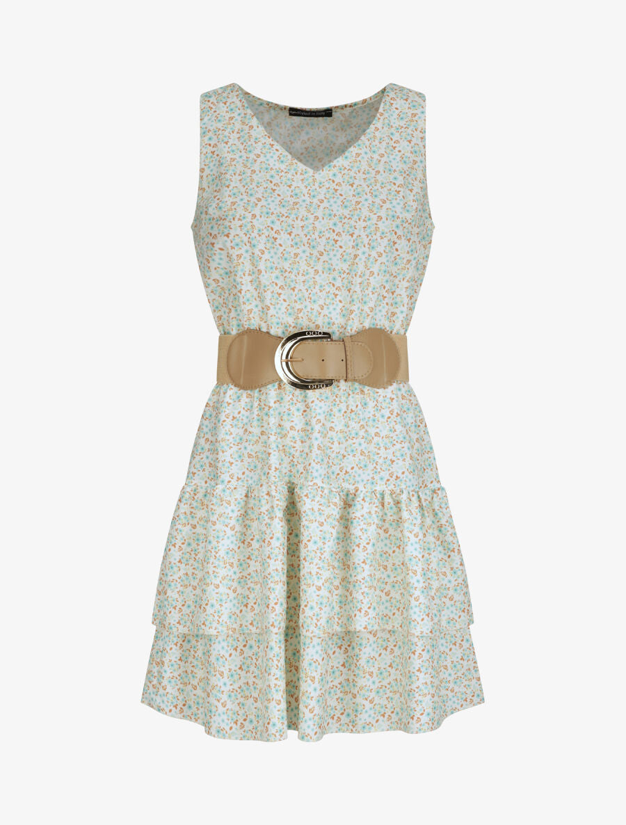 Robe patineuse courte à volants imprimé fleuri - Beige - 1