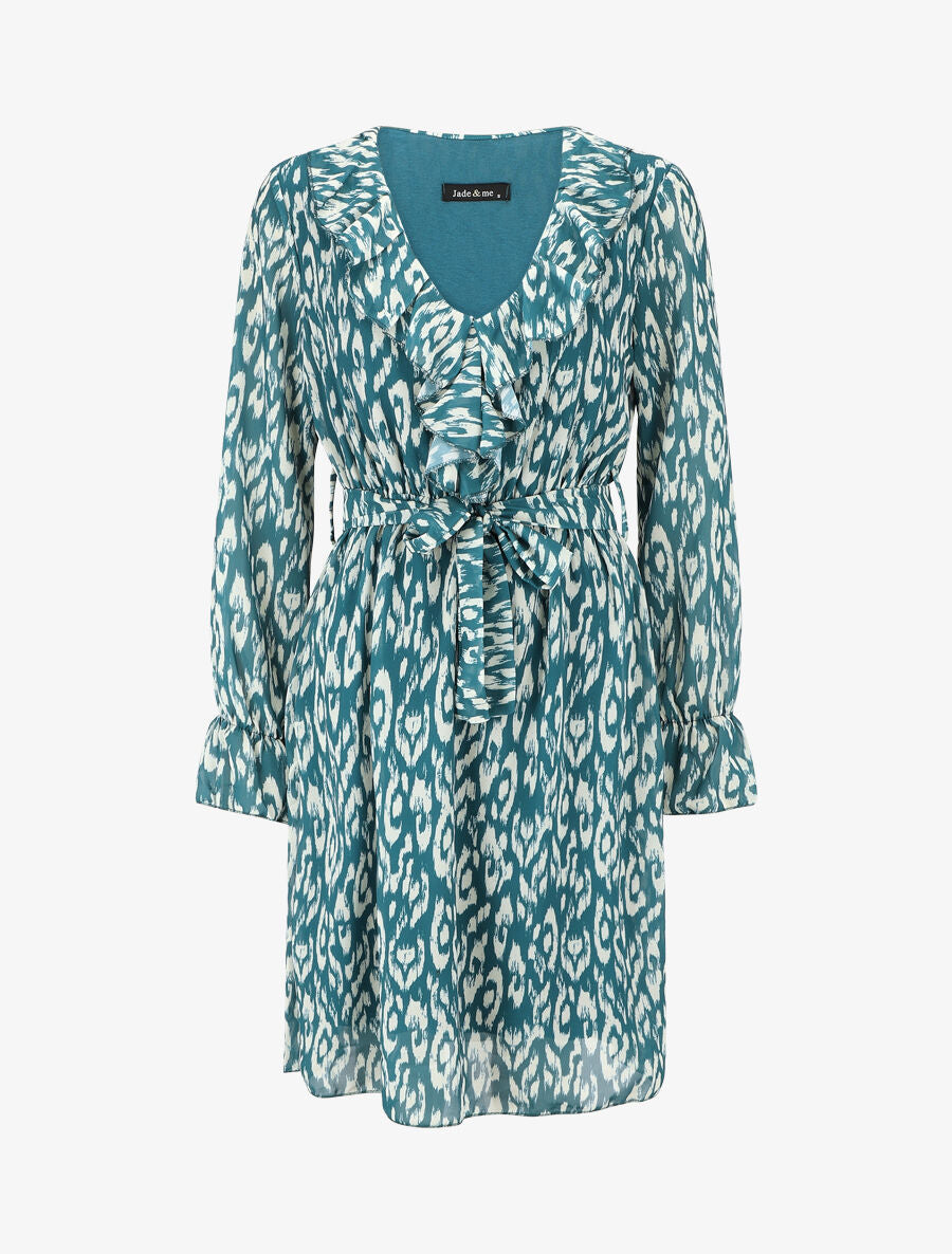 Robe imprimé à col volanté - Bleu canard - 4