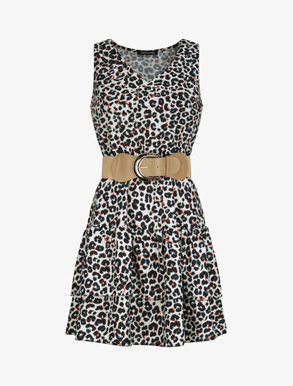 Robe patineuse courte à volants imprimé léopard - Écru - 1