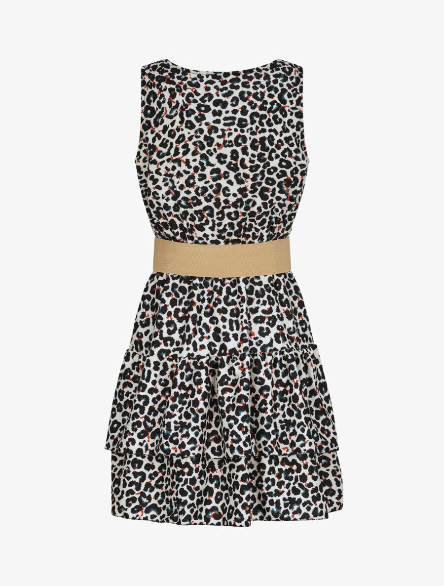 Robe patineuse courte à volants imprimé léopard - Écru - 2