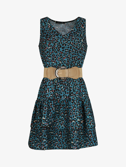 Robe patineuse courte à volants imprimé léopard - Bleu canard - 5