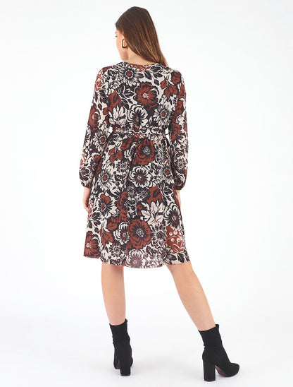 Robe mi-longue fleuri coupe évasée - Noir - 5