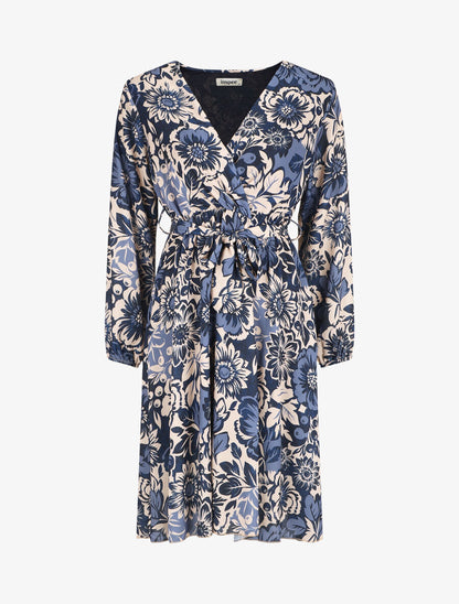 Robe mi-longue fleuri coupe évasée - Marine - 1