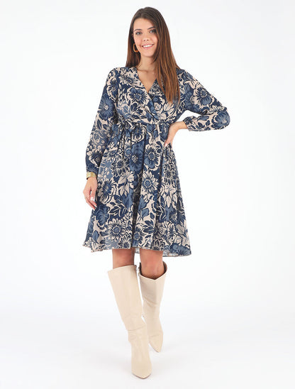 Robe mi-longue fleuri coupe évasée - Marine - 4