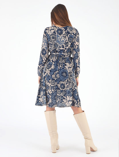 Robe mi-longue fleuri coupe évasée - Marine - 5