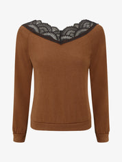 Pull fin droit col en dentelle - Camel - 1