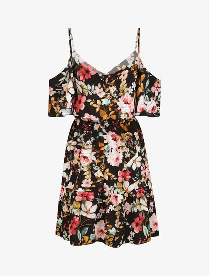 Robe à buste à basque imprimé fleurs sauvages - Noir - 2