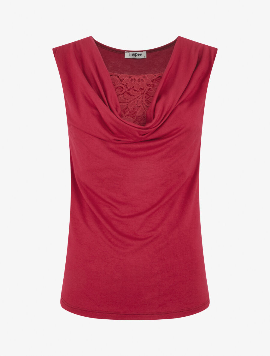 Top bénitier à décolleté dentelle - Rouge cerise - 4