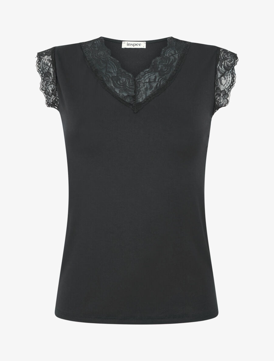 Top à larges bords dentelle - Noir - 1