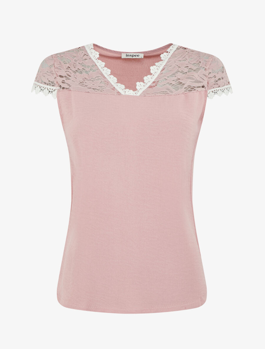 Top fluide à mancherons dentelle - Vieux rose - 1