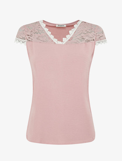 Top fluide à mancherons dentelle - Vieux rose - 1