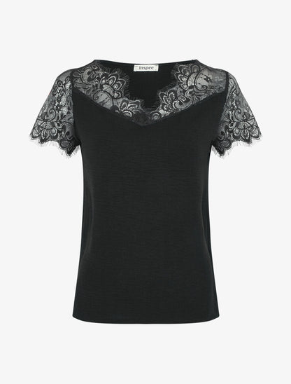 Top fluide à col et manches en dentelle - Noir - 1