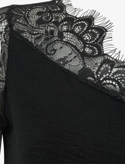 Top fluide à col et manches en dentelle - Noir - 3