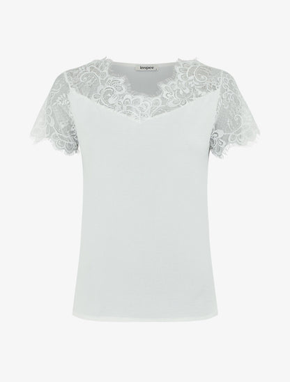 Top fluide à col et manches en dentelle - Blanc - 1
