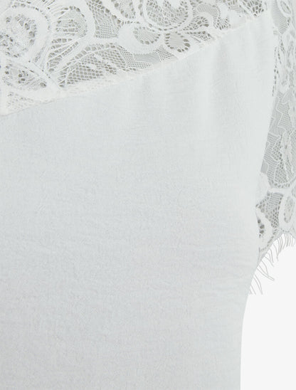 Top fluide à col et manches en dentelle - Blanc - 3