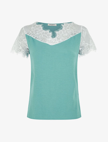Top fluide à col et manches en dentelle - Turquoise - 4