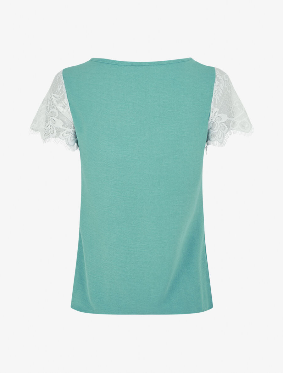 Top fluide à col et manches en dentelle - Turquoise - 2