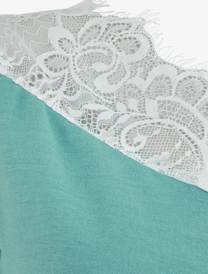 Top fluide à col et manches en dentelle - Turquoise - 3