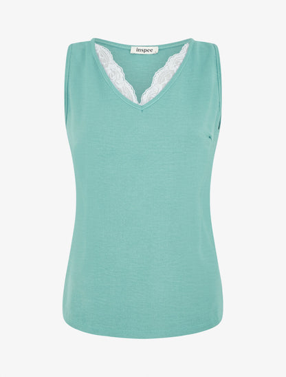 Top fluide à col V en dentelle - Turquoise - 1