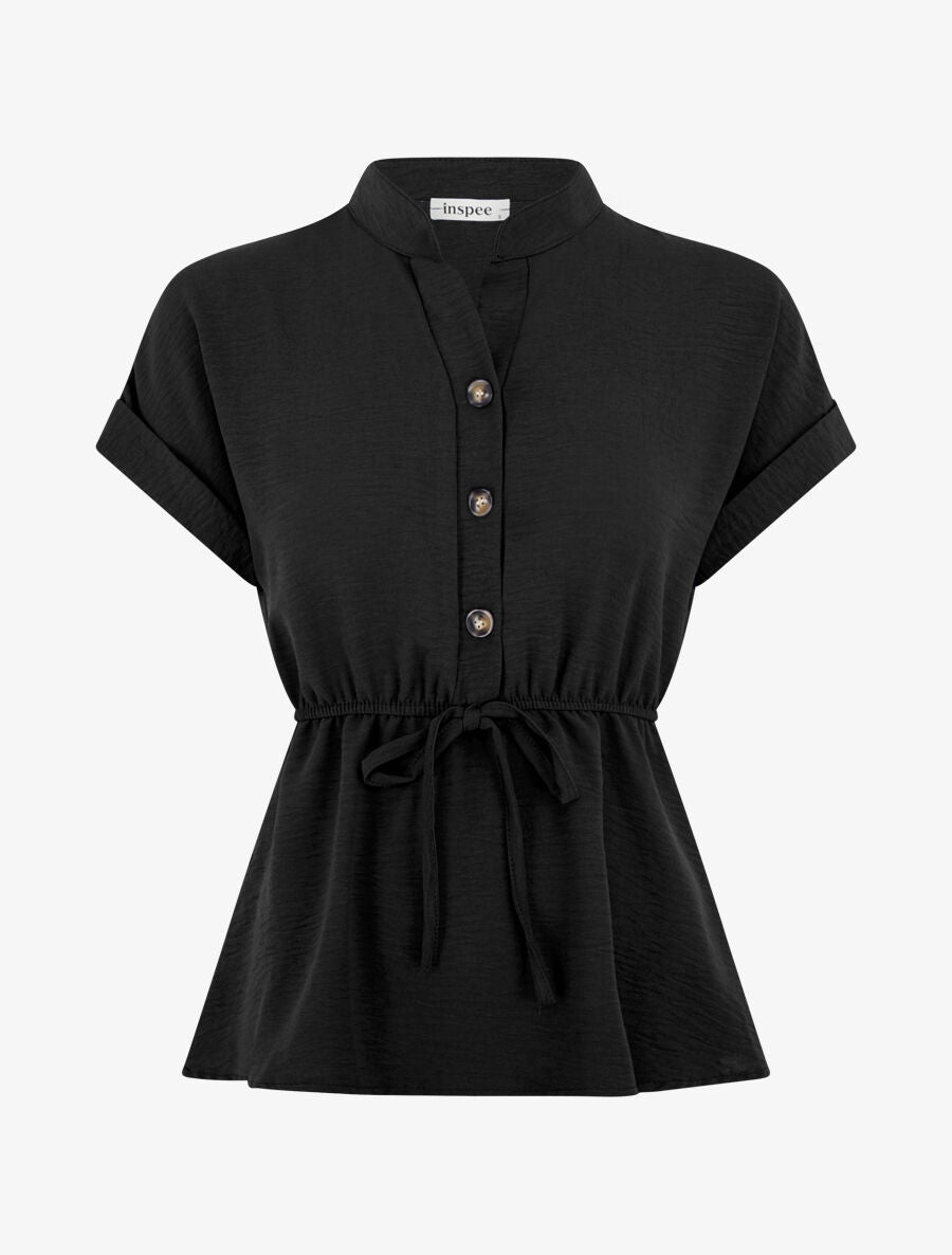Top uni élastiqué et col boutonné - Noir - 1