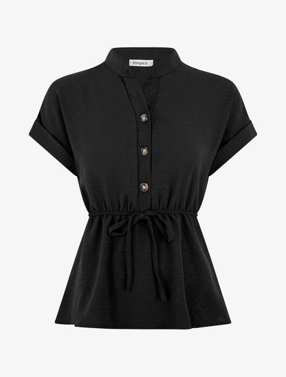 Top uni élastiqué et col boutonné - Noir - 1