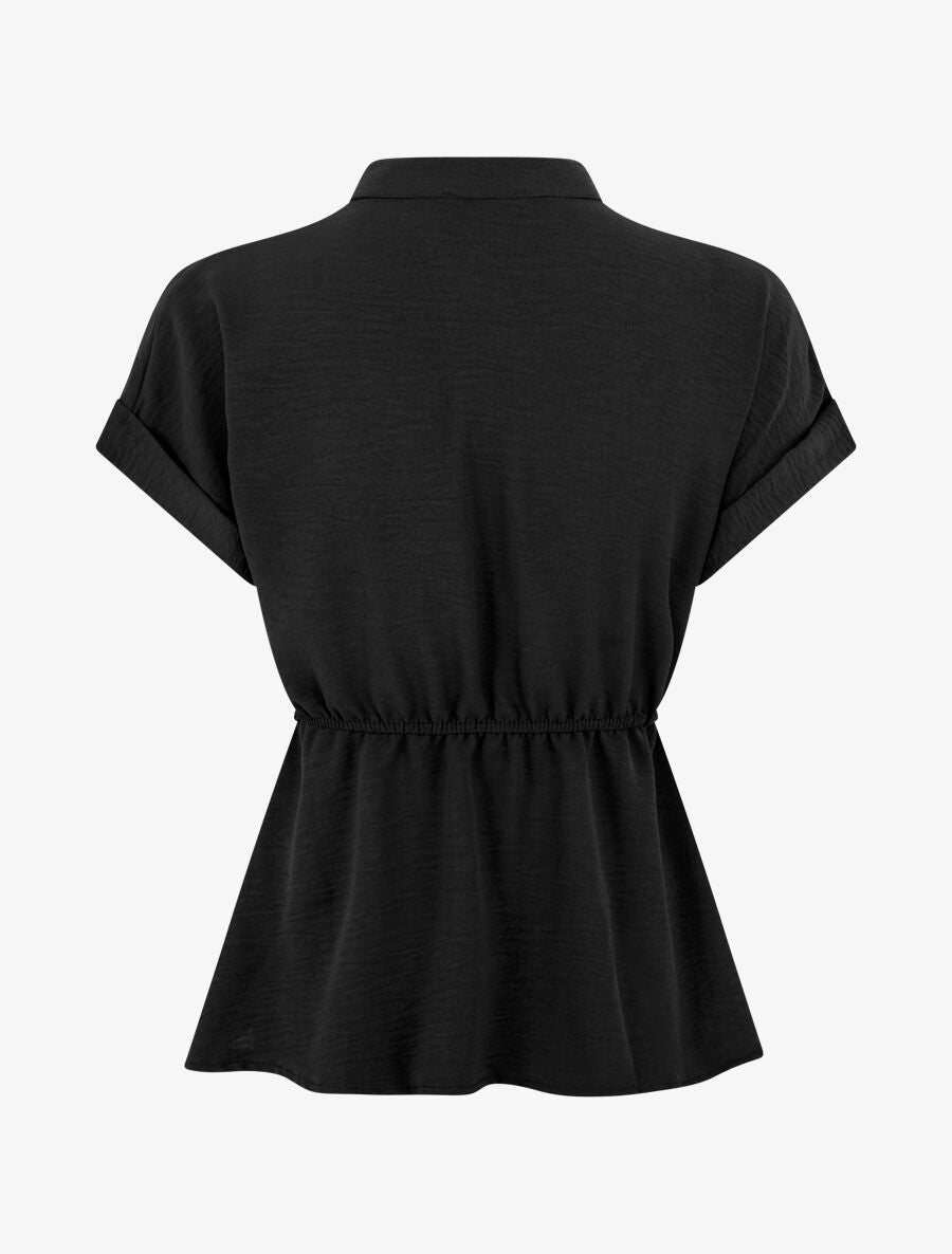Top uni élastiqué et col boutonné - Noir - 2