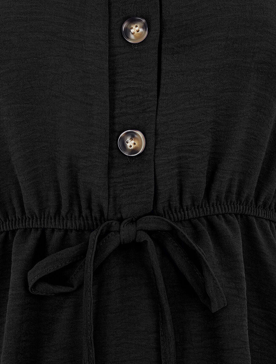Top uni élastiqué et col boutonné - Noir - 3