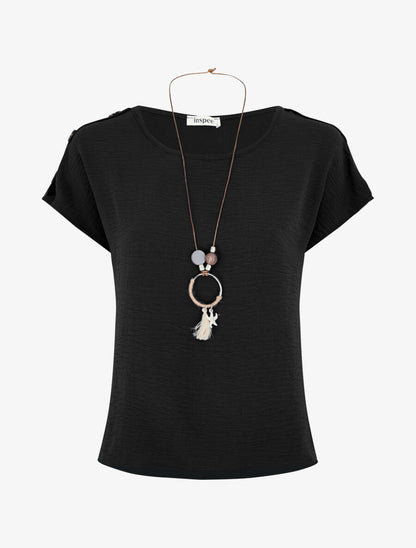 Top fluide à manches courtes et sautoir - Noir - 1